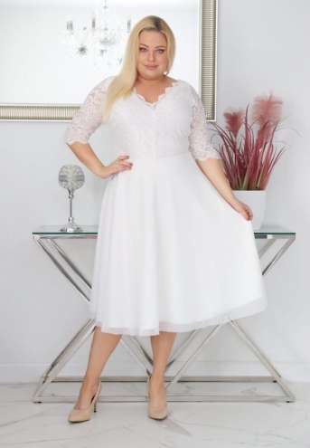 Sukienka Pisla rozkloszowana elastyczna koronka koło z tiulu biała