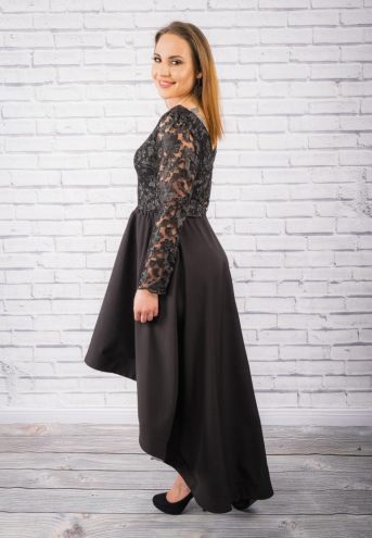 Sukienka Aurelia maxi wieczorowa rozkloszowana asymetryczna ekskluzywna dekolt serek koronka czarna