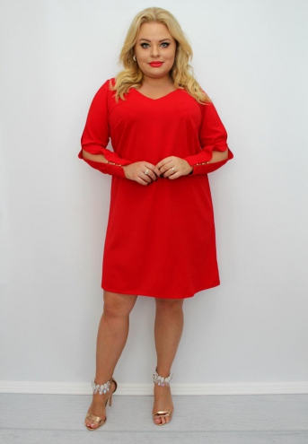 Sukienka Malvina trapezowa rozcięte rękawy mankiety perełki czerwona