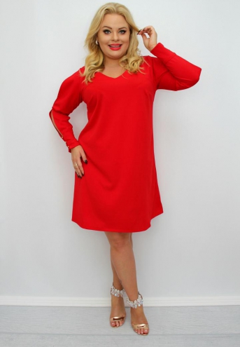 Sukienka Malvina trapezowa rozcięte rękawy mankiety perełki czerwona