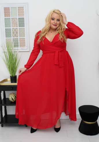 Sukienka Sofija o długości maxi rozkloszowana zwiewna kopertowy dekolt połyskujące szyfon czerwona
