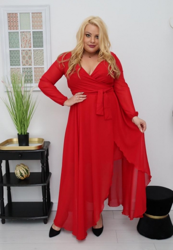 Sukienka Sofija o długości maxi rozkloszowana zwiewna kopertowy dekolt połyskujące szyfon czerwona