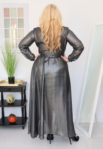 Sukienka Sofija o długości maxi rozkloszowana zwiewna kopertowy dekolt połyskujące szyfon srebrna