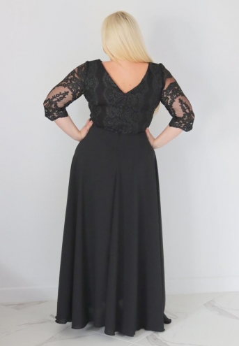 Sukienka Stefania koktajlowa rozkloszowana ekskluzywna kopertowy dekolt koronka dół zwiewny szyfon czarna