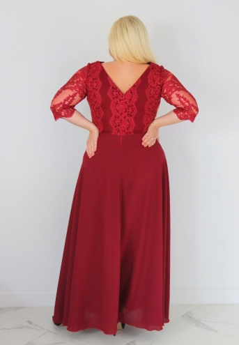 Sukienka Stefania koktajlowa rozkloszowana ekskluzywna kopertowy dekolt koronka dół zwiewny szyfon bordo