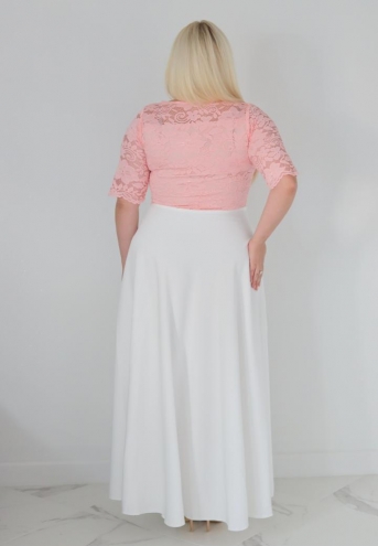 Sukienka Juliana koktajlowa rozkloszowana ekskluzywna dekolt serce koronka pudrowy róż z białym dołem