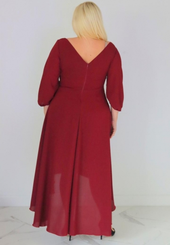 Sukienka Etna asymetryczna rozkloszowana kopertowy dekolt ozdoba szyfon bordowa