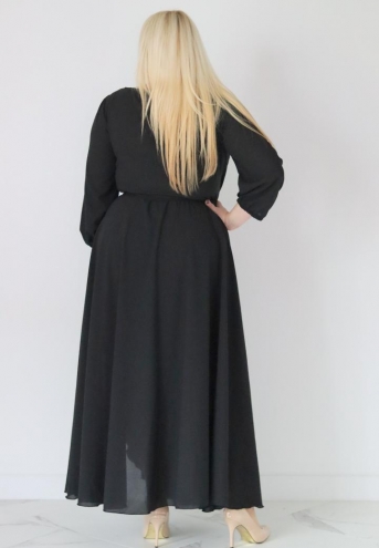 Sukienka Sofija o długości maxi rozkloszowana zwiewna kopertowy dekolt szyfon długie rękawy czarna