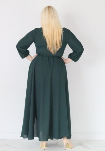 Sukienka Sofija o długości maxi rozkloszowana zwiewna kopertowy dekolt szyfon butelkowa zieleń