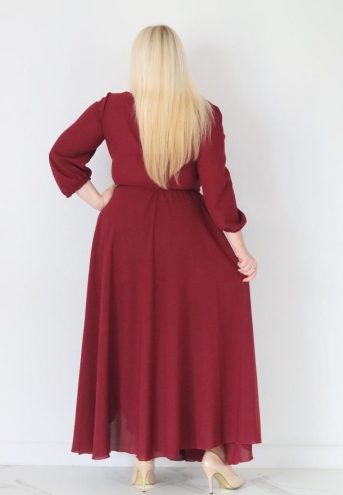 Sukienka Sofija o długości maxi rozkloszowana zwiewna kopertowy dekolt szyfon bordo