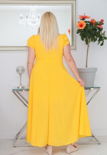 Sukienka Milos rozkloszowana zwiewna z szyfonu kopertowy dekolt żółta