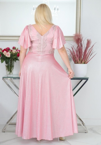 Sukienka Beatrice maxi wieczorowa rozkloszowana ekskluzywna dekolt serek brokatowa pudrowy róż