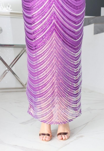 Sukienka OMBROSA maxi ołówkowa cekinowa elegancki dekolt OMBE fioletowa
