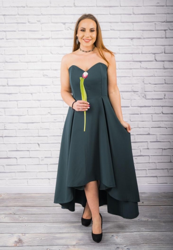 Sukienka Giulia gorsetowa asymetryczna rozkloszowana butelkowa zieleń