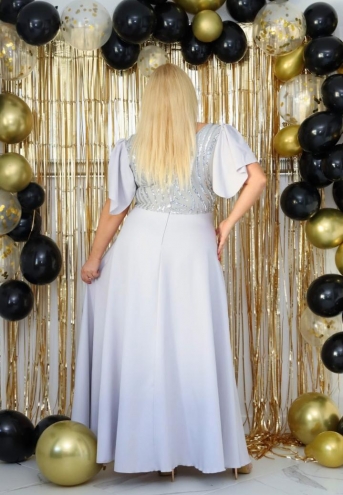 Sukienka Amelia maxi wieczorowa rozkloszowana ekskluzywna dekolt serek cekinowa góra srebrna
