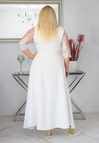 Sukienka Claudia maxi wieczorowa rozkloszowana ekskluzywna dekolt serek koronka biała