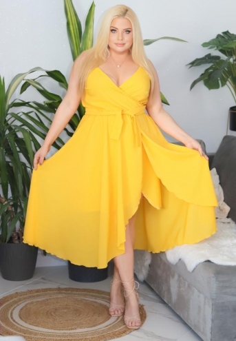 Sukienka Alice o długości maxi rozkloszowana zwiewna kopertowy dekolt szyfon żółta