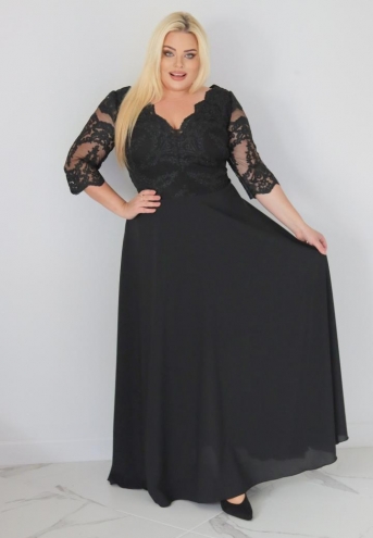 Sukienka Stefania koktajlowa rozkloszowana ekskluzywna kopertowy dekolt koronka dół zwiewny szyfon czarna