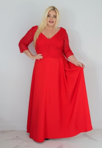 Sukienka Lorena koktajlowa rozkloszowana ekskluzywna kopertowy dekolt koronka czerwona