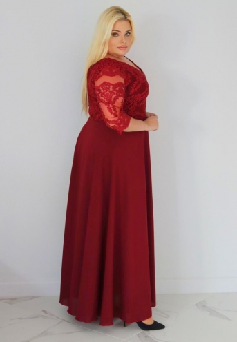 Sukienka Stefania koktajlowa rozkloszowana ekskluzywna kopertowy dekolt koronka dół zwiewny szyfon bordo