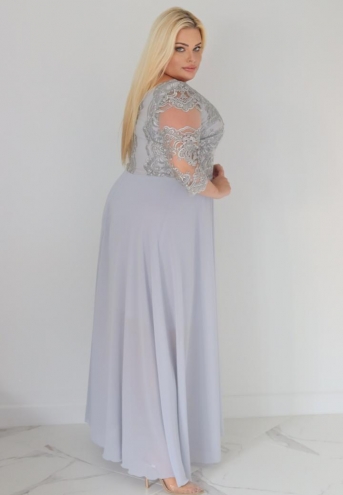 Sukienka Stefania koktajlowa rozkloszowana ekskluzywna kopertowy dekolt koronka dół zwiewny szyfon popiel