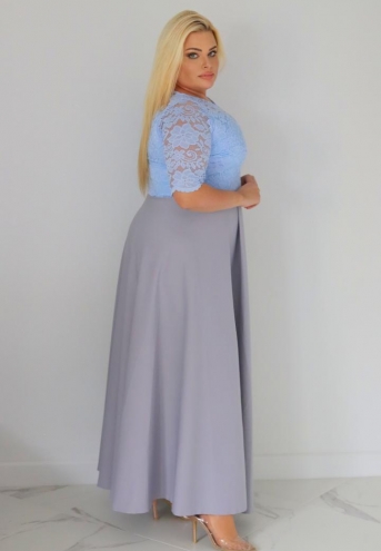 Sukienka Juliana koktajlowa rozkloszowana ekskluzywna dekolt serce koronka błękit z popielatym dołem