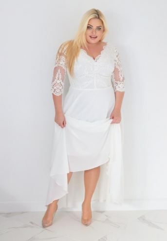 Sukienka Stefania koktajlowa rozkloszowana ekskluzywna kopertowy dekolt koronka dół zwiewny szyfon angielska biała