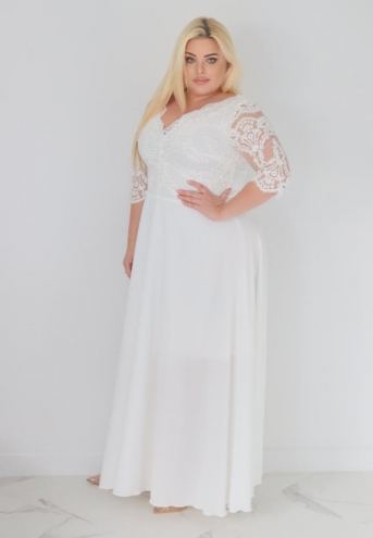 Sukienka Stefania koktajlowa rozkloszowana ekskluzywna kopertowy dekolt koronka dół zwiewny szyfon angielska biała