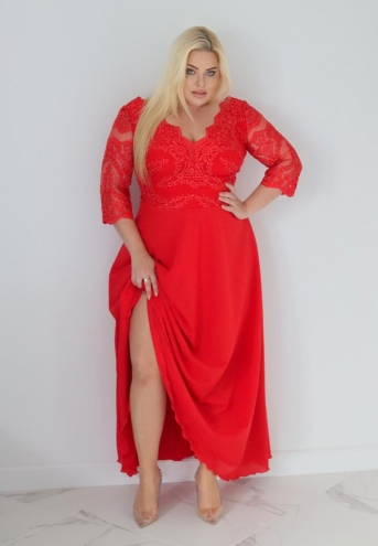 Sukienka Stefania koktajlowa rozkloszowana ekskluzywna kopertowy dekolt koronka dół zwiewny szyfon czerwona