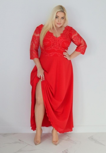 Sukienka Stefania koktajlowa rozkloszowana ekskluzywna kopertowy dekolt koronka dół zwiewny szyfon czerwona