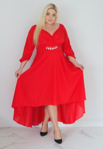 Sukienka Etna asymetryczna rozkloszowana kopertowy dekolt ozdoba szyfon czerwona