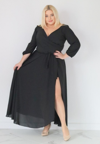 Sukienka Sofija o długości maxi rozkloszowana zwiewna kopertowy dekolt szyfon długie rękawy czarna