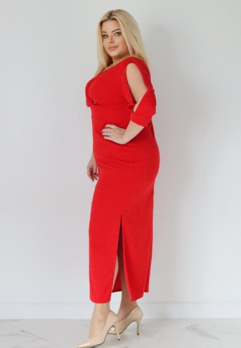 Sukienka Debora kopertowy dekolt dzianina połyskująca maxi czerwona