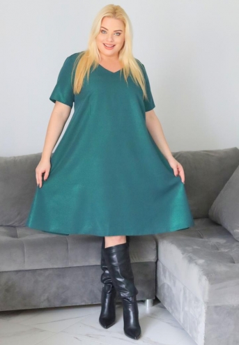 Sukienka Dalia trapezowa dzwonek oversize butelkowa zieleń połyskująca