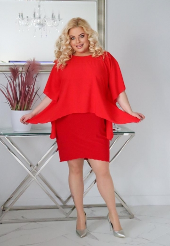 Sukienka Kama z prostokątną szyfonową narzutką czerwona