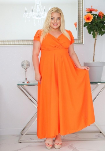 Sukienka Milos rozkloszowana zwiewna z szyfonu kopertowy dekolt pomarańczowy