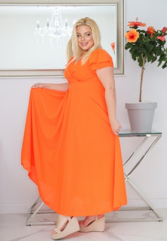Sukienka Milos rozkloszowana zwiewna z szyfonu kopertowy dekolt pomarańczowy