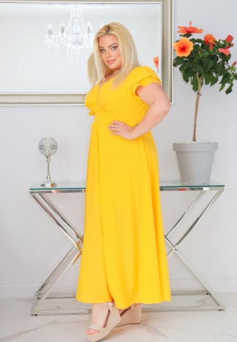 Sukienka Milos rozkloszowana zwiewna z szyfonu kopertowy dekolt żółta