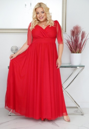 Sukienka Sandbella księżniczka maxi wieczorowa tiul kopertowy dekolt czerwona