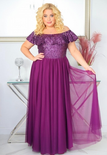 Sukienka Tracy maxi wieczorowa rozkloszowana ekskluzywna hiszpanka cekiny fioletowa
