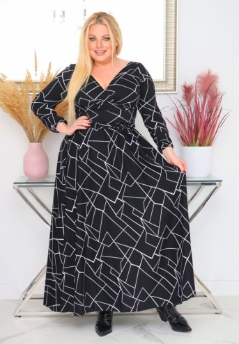 Sukienka Idalia rozkloszowana zwiewna tkanina silk kopertowy dekolt czarna mozaika
