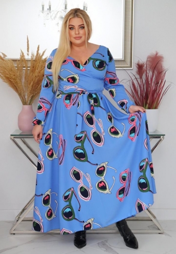Sukienka Idalia rozkloszowana zwiewna tkanina silk kopertowy dekolt błękitne okulary