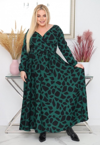 Sukienka Idalia rozkloszowana zwiewna tkanina silk kopertowy dekolt zielona panterka