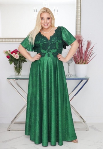 Sukienka Beatrice maxi wieczorowa rozkloszowana ekskluzywna dekolt serek brokatowa butelkowa zieleń
