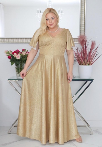 Sukienka Beatrice maxi wieczorowa rozkloszowana ekskluzywna dekolt serek brokatowa złota