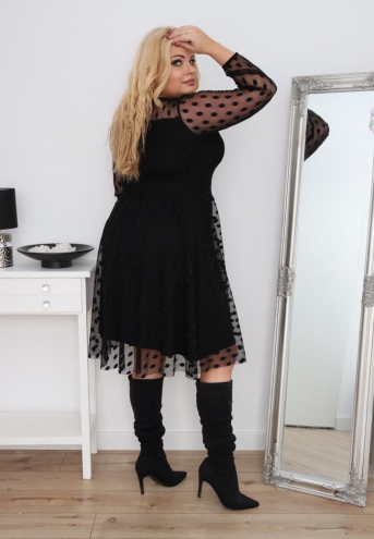Sukienka Wenus rozkloszowana dekolt serce tiul grochy czarna