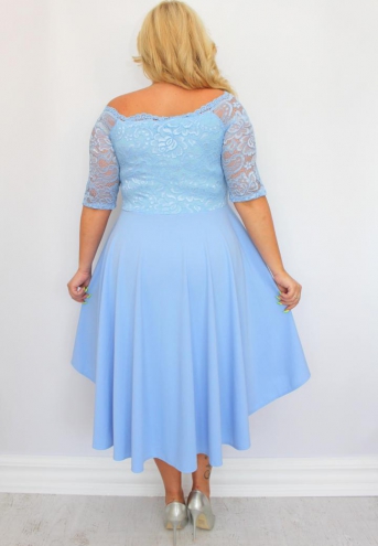 Sukienka Carmen rozkloszowana koronkowa błękit gładka