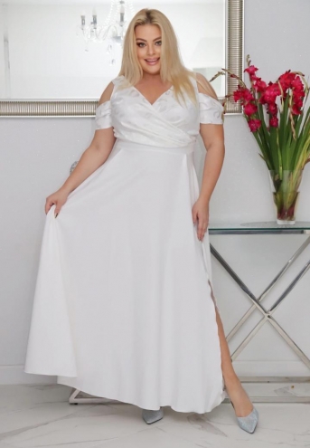 Sukienka Patrycja maxi wieczorowa rozkloszowana ekskluzywna kopertowy dekolt biała