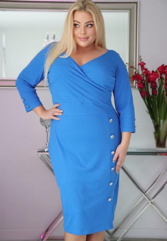 Sukienka Margo z guzikami kopertowy dekolt niebieska