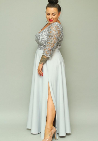 Sukienka Anastasia maxi wieczorowa rozkloszowana ekskluzywna dekolt serek koronka popiel cekiny listki